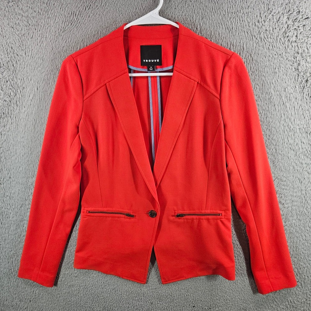 Trouve Womens Orange Red Single Button Blazer Jacket XS‎ Zipper Pockets